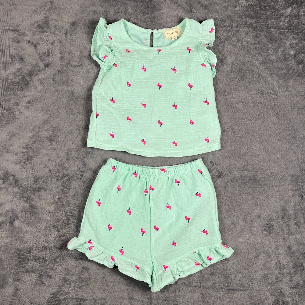 Btween 2 Piece Set Toddler 4 Mint Green Allover Flamingo Ruffled Flutter Sleeve